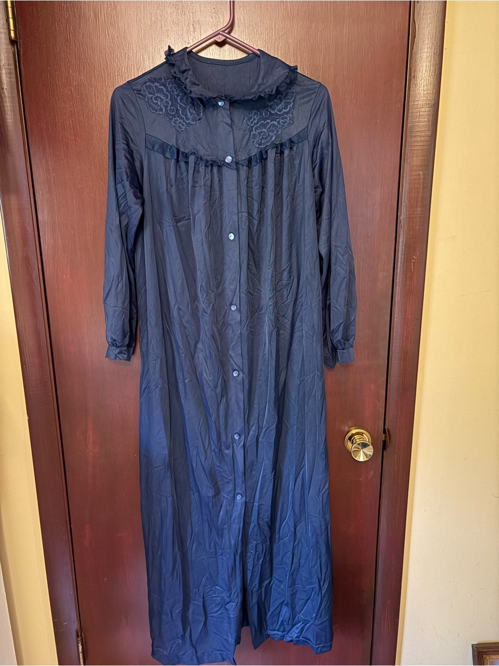 Blue Lace Yoke Button Front Maxi Housecoat Large